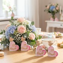 Artikel Deko-Holzherz mit Mausmotiv und Schriftzug „Wir platzen vor Glück“, H8cm, Weiss/Pink, 4er-Set