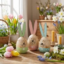 Artikel Osterdeko Holzhasen mit Metallohren und Brille, 13,5 cm, Ø5 cm, 3er-Set
