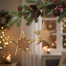 Artikel Stern aus Mangoholz Natur Golden 25cm 2er-Set zum Hängen