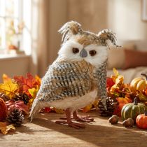 Artikel Deko-Eule aus Kunstfell, Braun-Weiss-Schwarz, Styropor mit Drahtfüssen, H27cm, Herbst- und Winterdekoration