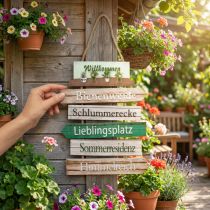Artikel Gartenschild aus Holz mit Baumwollkordel – 38 × 54 cm – Willkommen und Wegweiser für Garten oder Balkon