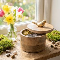 Artikel Schmuckdose aus Mangoholz mit goldenem Vogel, Ø12cm H11cm, Dekobox für Frühling