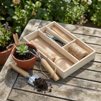 Artikel Gartenwerkzeug-Set in Holzbox, Kleingeräte 22×15×5,5 cm, Naturfarben