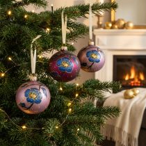 Artikel Weihnachtskugeln Glas Lila mit Blumenmotiv Ø 8 cm 6 Stück