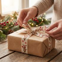 Artikel Geschenkband Stoff Rentiermotiv Creme 25mm x 20m für Weihnachtsdekoration