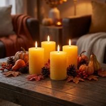 Artikel Stumpenkerzen Gelb Rustic 80x110mm 4er Set aus Wachs, Safe Candle, Brenndauer 57h