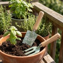 Artikel Gartenwerkzeug-Set aus Metall und Holz, Gartenschaufel und Harke, 25/28cm, Mintgrün, Blumendesign