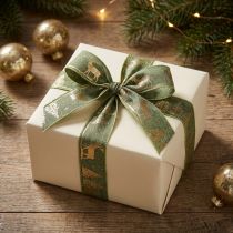Artikel Geschenkband Polyester 25mm Grün Gold Hirsche Tannen 15m Weihnachtsdeko