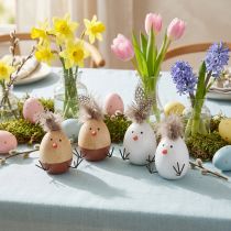 Artikel Osterdeko Küken-Eier mit Federn aus Holz und Kunststoff, 9 cm, Weiss & Natur, 4er Set
