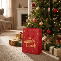 Artikel Geschenktüte Weihnachten aus Papier, 23 cm, Rot mit goldenen Sternen und Schriftzug „Ein Stückchen Glück“, 2 Stück