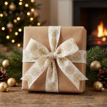 Artikel Geschenkband Stoffband mit Schneeflockenmotiv Weiss/Gold 25mm x 20m