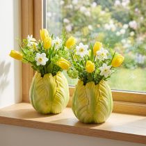 Artikel Blumenvase aus Polyresin mit Tulpenmotiv, 16 cm, Gelb-Grün, Set mit 2 Stück, für Wohnrauminnenbereich
