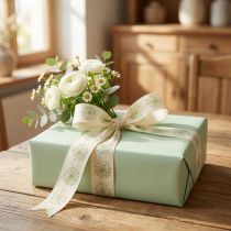 Artikel Dekoband 15m Creme mit Pusteblumen 40mm breit für Geschenk- und Tischdekoration