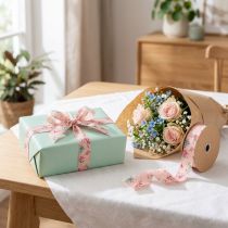 Artikel Geschenkband Polyester Blumenmuster Rosa-Blau 2,5cm x 15m für Dekoration und Bastelarbeiten