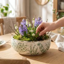 Artikel Rustikale Keramikschale mit Pflanzenmuster, 20 cm, Weiss und Grün, für Dekoration und Aufbewahrung