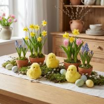 Artikel Dekorationskücken aus Kunststoff mit Plüschüberzug, gelb, 7 cm, 6er Set, für Osterdeko draussen und drinnen