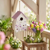 Artikel Vogelhaus aus Holz mit Blumenmuster und lilafarbenem Dach, 21 cm, dekorative Frühjahrsdeko für Balkon und Innenräume