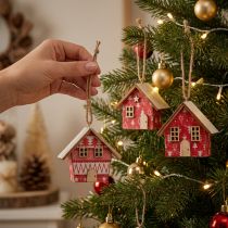 Artikel Rote Weihnachtshäuschen aus Papier und Holz 5,5 cm zum Hängen im 6er-Set
