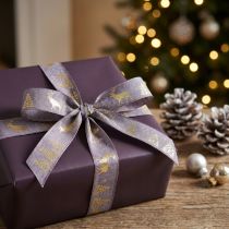 Artikel Geschenkband Polyester Lavendel-Gold 25mm x 15m mit Hirschmotiv für Weihnachtsdekoration