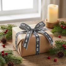 Artikel Dekoband aus Stoff, Weihnachtsmotive Häuschen und Tannen, 15 mm x 20 m, Anthrazit-Weiss