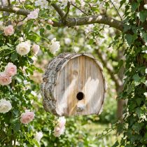 Artikel Deko-Nistkasten aus Holz, Halbrund mit Rinde, Weiss gewaschen, H22 x B21 cm, Gartendekoration