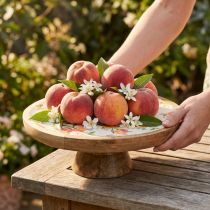 Artikel Deko Teller mit Fuss aus Mangoholz Pfirsich-Motiv Ø26cm H9,5cm