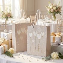 Artikel Geschenktasche Beige Papier 18×10×23 cm „Just Married“ mit Herz-Design und Henkeln