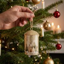 Artikel Weisse und goldene Metallglocke mit Winterdorf-Motiv 20 cm