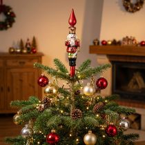 Artikel Christbaumspitze aus Echtglas 28 cm, rot mit Nussknackerfigur für den Weihnachtsbaum