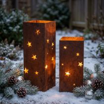 Artikel Kerzenhalter Set aus Metall Edelrost mit Sternenmuster H40/50cm für Weihnachten und Advent
