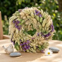 Artikel Trockenblumenkranz 26cm mit Gräsern und lila Akzenten für Tür und Tischdeko