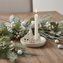 Artikel Deko-Kerzenhalter Keramik mit Haus- und Baum-Motiv 16 cm Grau-Weiss