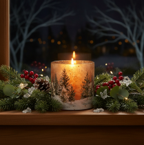 Artikel Windlicht Glas mit Winterwald-Motiv 20cm Weihnachtsdekoration