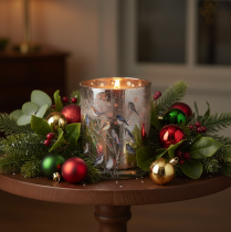 Artikel Kerzenglas aus Glas, Winterdesign mit Vögeln, gold glänzend, Höhe 12 cm, für Innenbereich