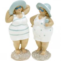 Deko-Figur Damen am Strand, Sommerdeko, Badefiguren mit Hut Blau/Weiß H15/15,5cm 2er-Set