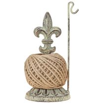 Artikel Antiker Garnrollenhalter Metall 20,5 cm mit Lilienmotiv und Jute für Innen