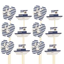 Artikel Gartenstecker aus Holz Flip-Flops und Boot Blau Weiss 8 cm 12 Stück
