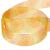 Artikel Organzaband Blumenmotiv Gelb Orange 25mm x 18m – 59% Polyester, 41% Polyamid