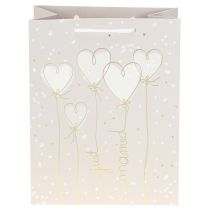 Artikel Geschenktasche Beige Papier 18×10×23 cm „Just Married“ mit Herz-Design und Henkeln