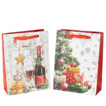 Artikel Weihnachtliche Geschenktüte aus Papier 8x18x24cm im 2er-Set, Rot-Weiss mit Glitzer