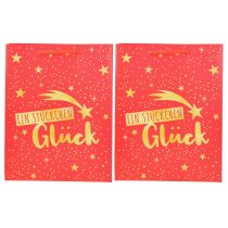 Artikel Geschenktüte Weihnachten aus Papier, 23 cm, Rot mit goldenen Sternen und Schriftzug „Ein Stückchen Glück“, 2 Stück