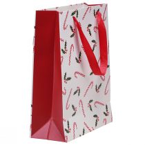 Artikel Geschenktaschen Papier Weihnachten Rot Weiss 24×18×8 cm mit Zuckerstangen und Ilex-Motiv 4 Stück