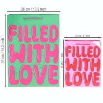 Artikel Geschenktüte aus Papier mit Henkeln "Filled with Love", 36 x 23 cm, Türkis/Pink, 2er-Set