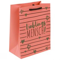 Artikel Geschenktüte aus Papier mit Herzen und Schriftzug „Lieblingsmensch“, 18x10x23 cm, Korallrot, 2 Stück