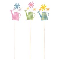 Artikel Gartenstecker Giesskannen aus Holz, 34,5 cm, Rosa/Grün/Blau, 12 Stück