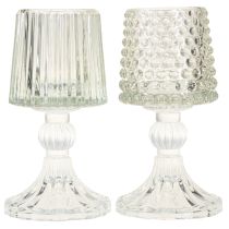 Artikel Glas-Teelichthalter mit Fuss, Punkten und Rillen, H15 cm, Transparent, 2er-Set