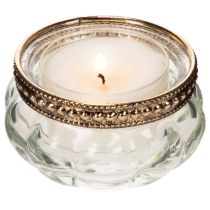 Artikel Teelichthalter aus klarem Glas mit silbernem Metallrand, rund, 6 × 3 cm, 4er-Set