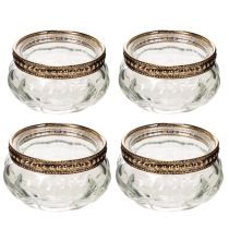 Artikel Teelichthalter aus klarem Glas mit silbernem Metallrand, rund, 6 × 3 cm, 4er-Set