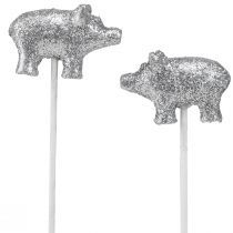 Artikel Glücksschwein aus Polyresin auf Holzstab Silber 3 cm 6 Stück