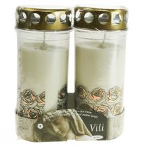 Artikel Grabkerzen aus Kunststoff und Wachs mit Rosenmotiv Ø7cm H18cm Weiss Gold 90h 2St